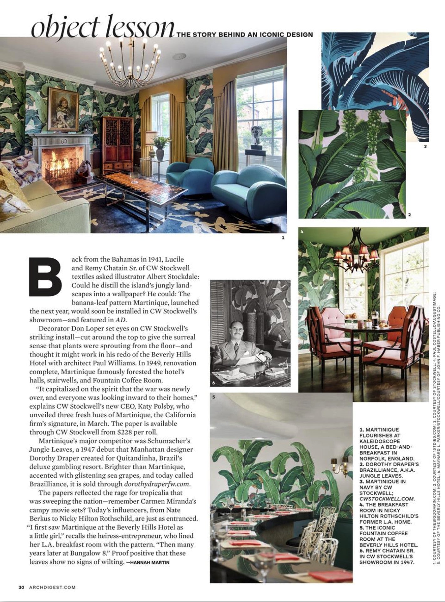 "TOP BANANA" - CW Stockwell's Martinique Wallpaper, featured in Architectural Digest's April 2019 Issue, in the "Object Lesson" column by Hannah Martin.